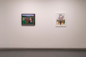 Robyn Kahukiwa, _Family Group 2021_ (2021). Collection of Francis McWhannell (left); and _Monument_ (2019). Sharjah Art Foundation Collection. Exhibition view: Sharjah Biennial 15, Sharjah Art Museum (7 February–11 June 2023). Courtesy Sharjah Art Foundation. Photo: Shanavas Jamaluddin.